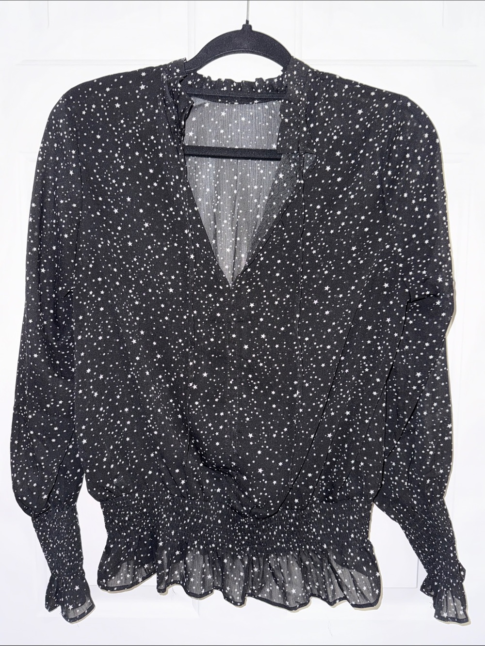 Women's Sheer Black Star Print V-Neck Blouse